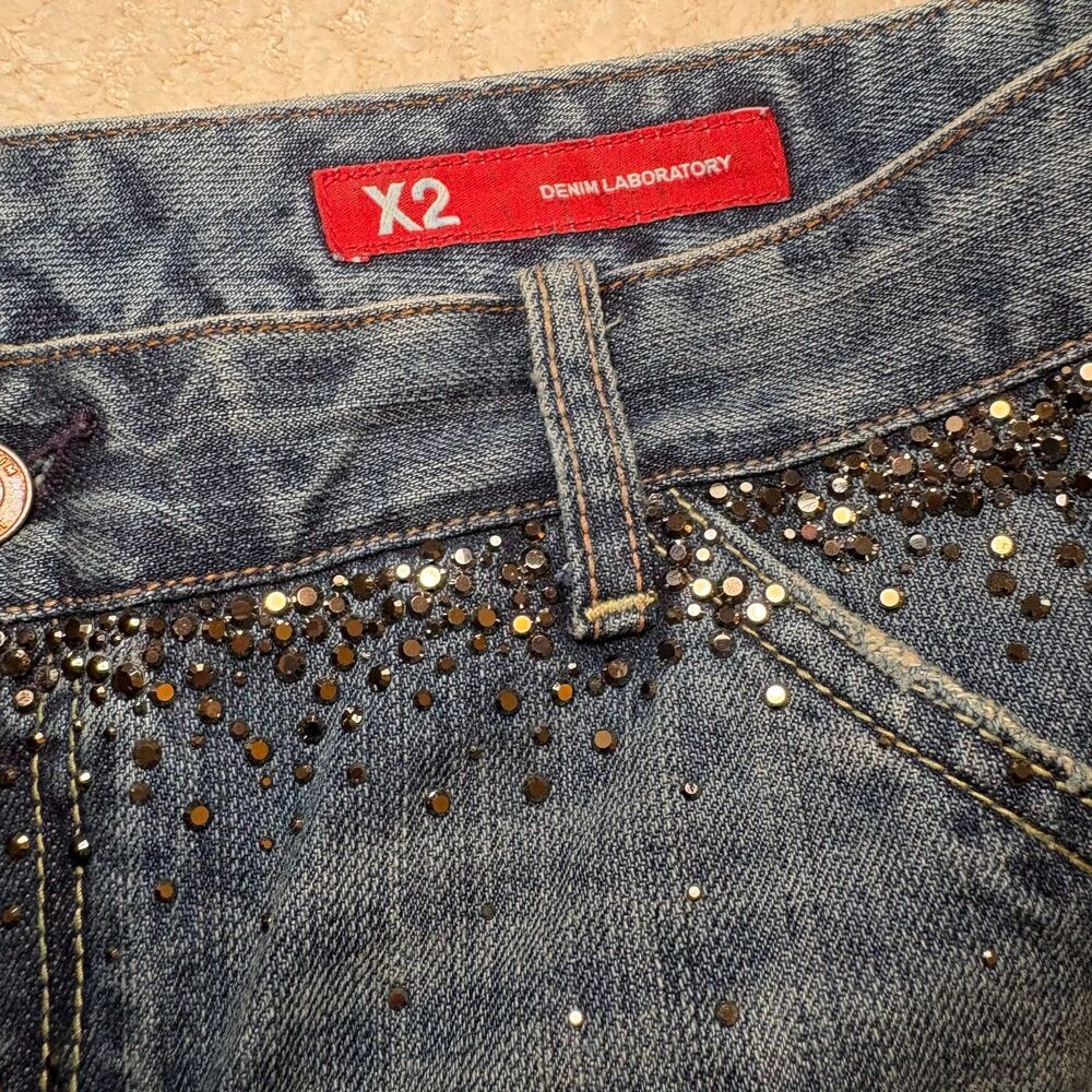 NWT Vintage Express X2 Denim Laboratory Mini Skirt Size 8 Y2K McBling Studded - Picture 10 of 11